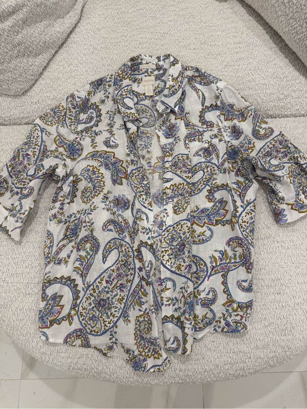 Chico's Linen Paisley Print Button Down Top